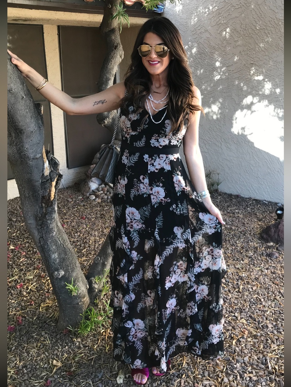 BCBG Black Floral Maxi Dress with Pink and Cream Blooms